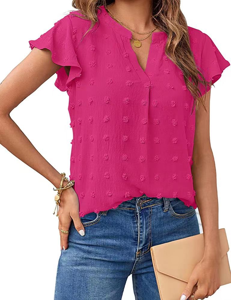 Damen Sommer V-Ausschnitt Rüschen Kurzarm Bluse Dot Flowy Shirt Top