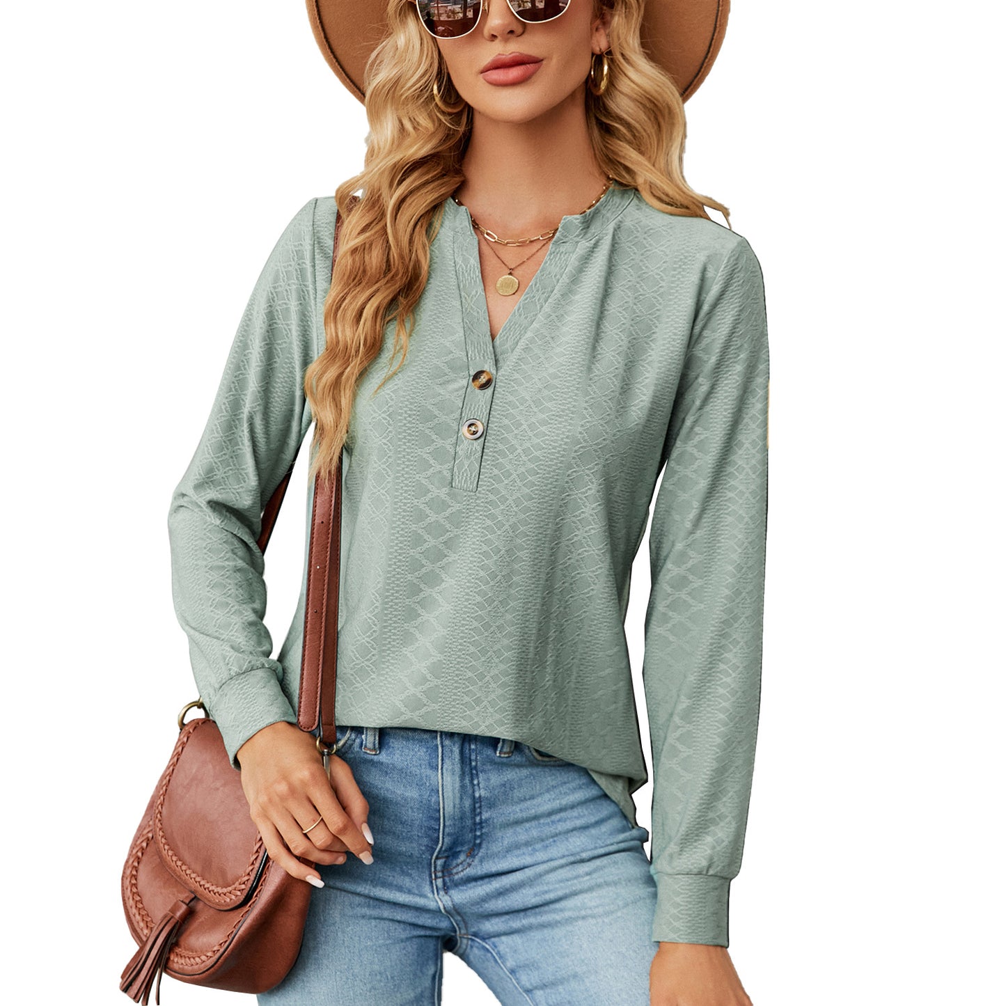 Women's Solid Color And V-neck Button Jacquard Loose Long Sleeve Top