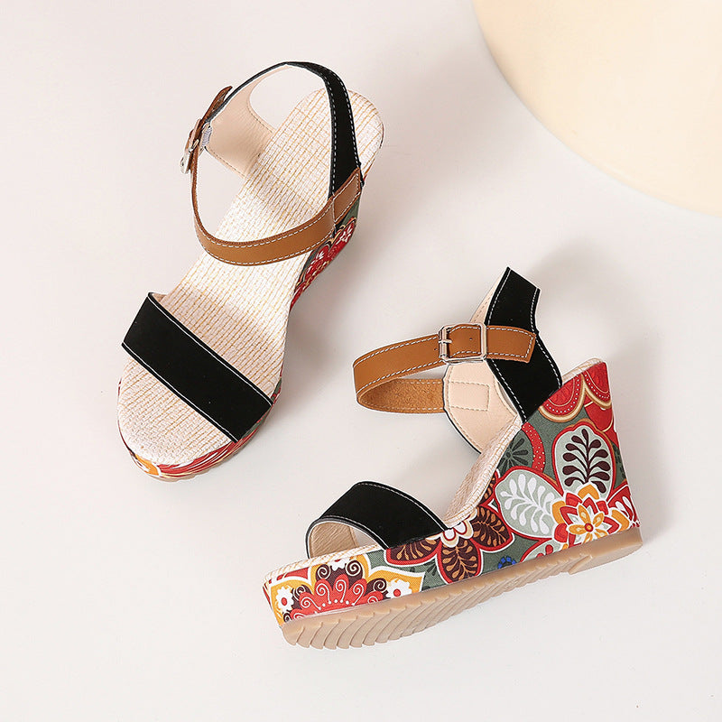 Women's sandals fashionable floral embroidered with high wedge heel for women