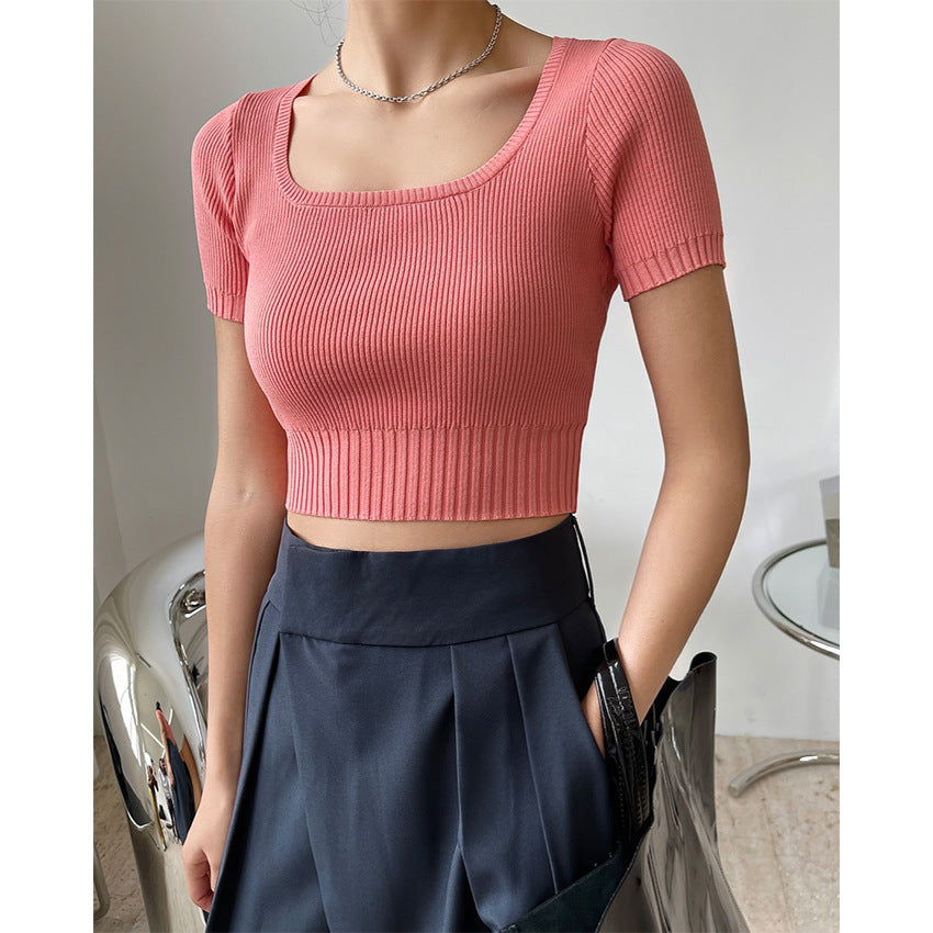 Women's live style fashionable square neck short navel t-shirt slimming short sleeve knitted top