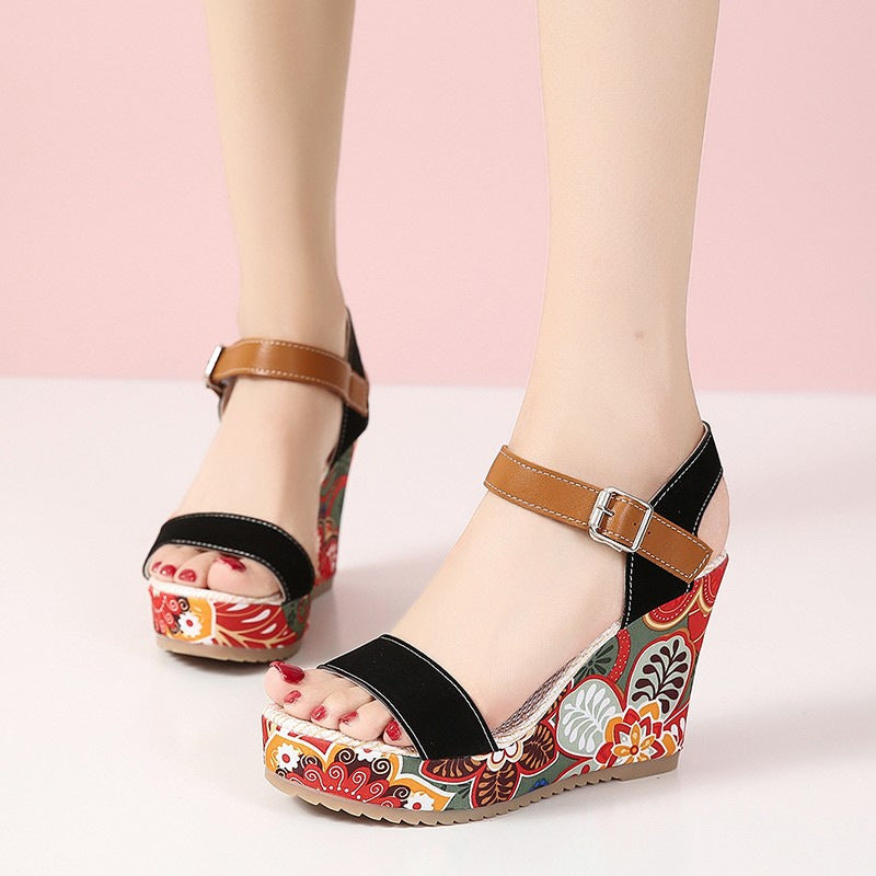 Women's sandals fashionable floral embroidered with high wedge heel for women