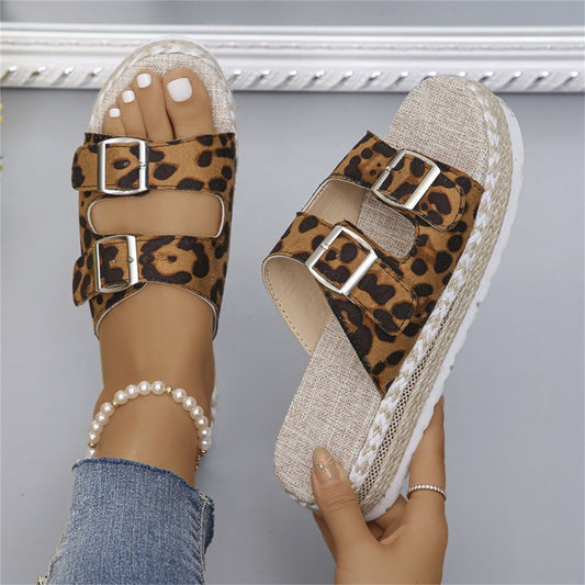 Women Summer Shoes Leopard Print Flat Sandals Hemp Sandals With Thick Soles