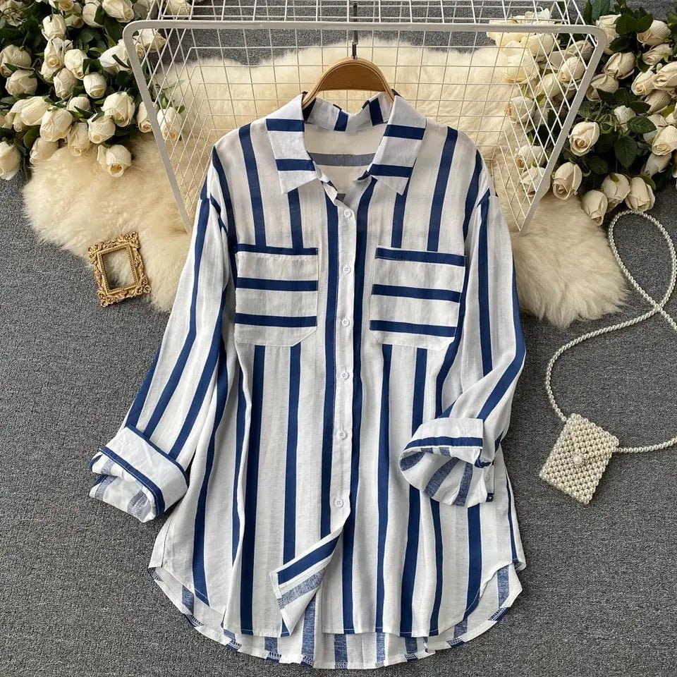 Women's Mid-length Vertical Stripes Multi-color Shirt Coat Casual Loose Top