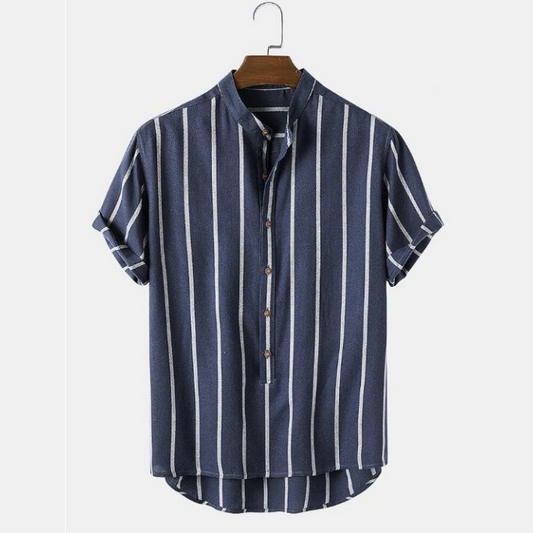 Men's simple fashion striped men's stand-up collar short sleeve shirt