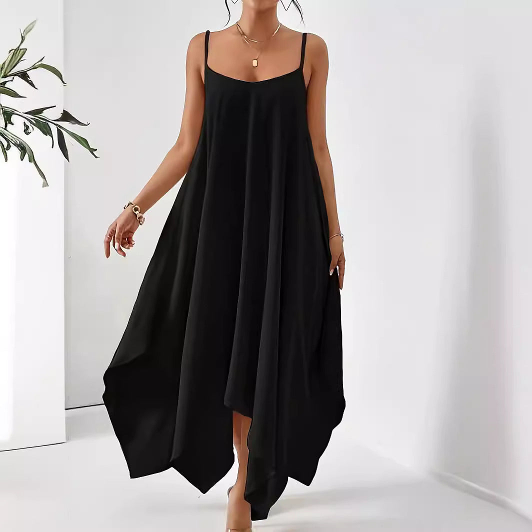 Women Fashion Solid Color Sling Backless Irregular Sleeveless Loose Dress