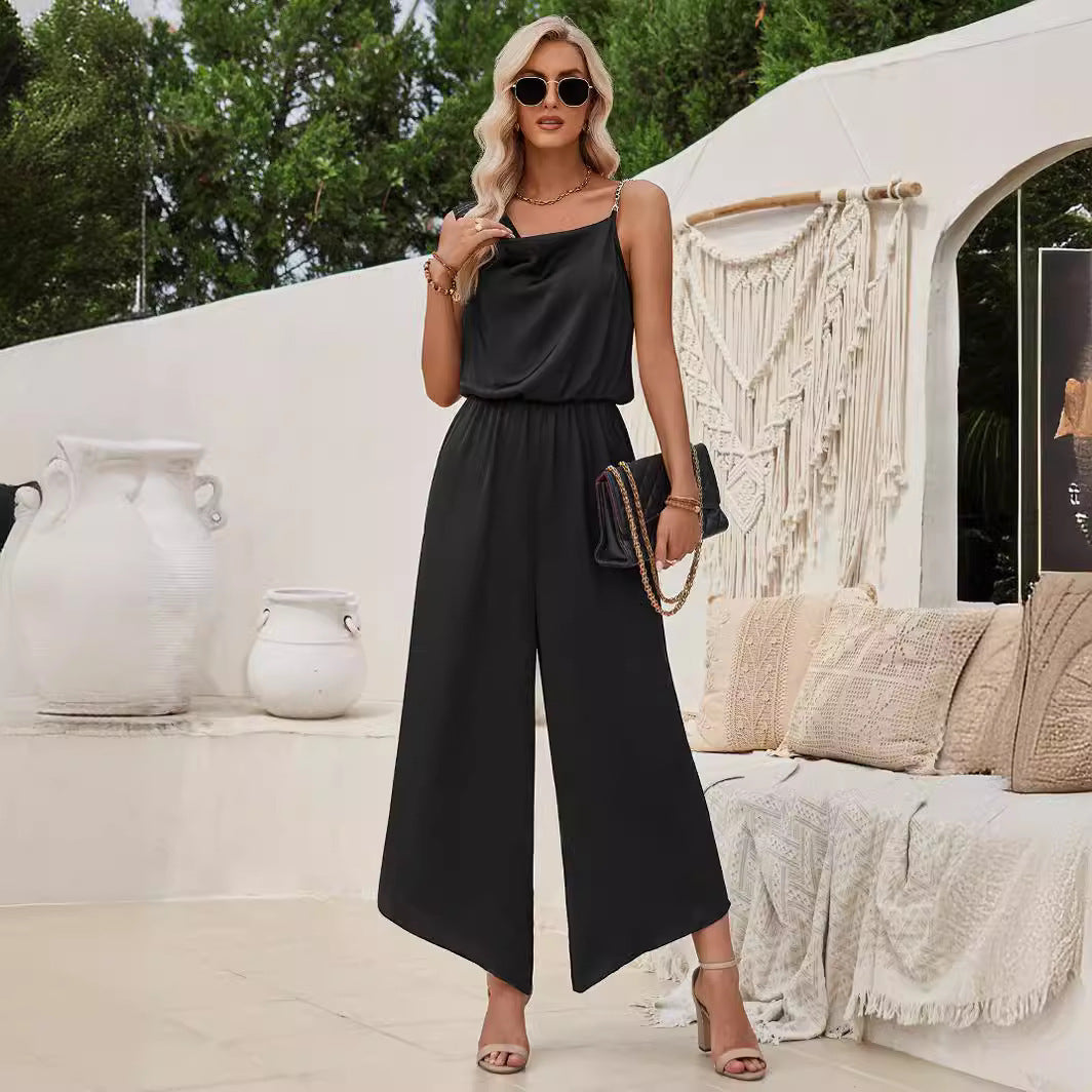 Women Fashion Casual Solid Color Suspender Waist Wide Leg Jumpsuit