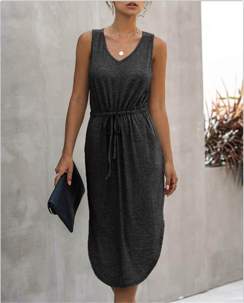 Women Irregular Cinched Round Neck Vest Dress