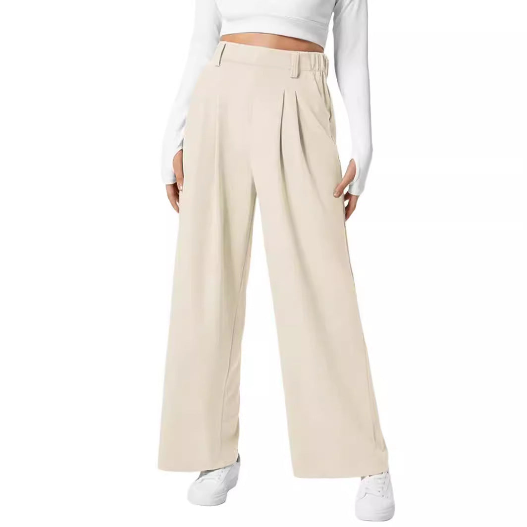 Women's wide leg pants elastic high waist waffle knit casual