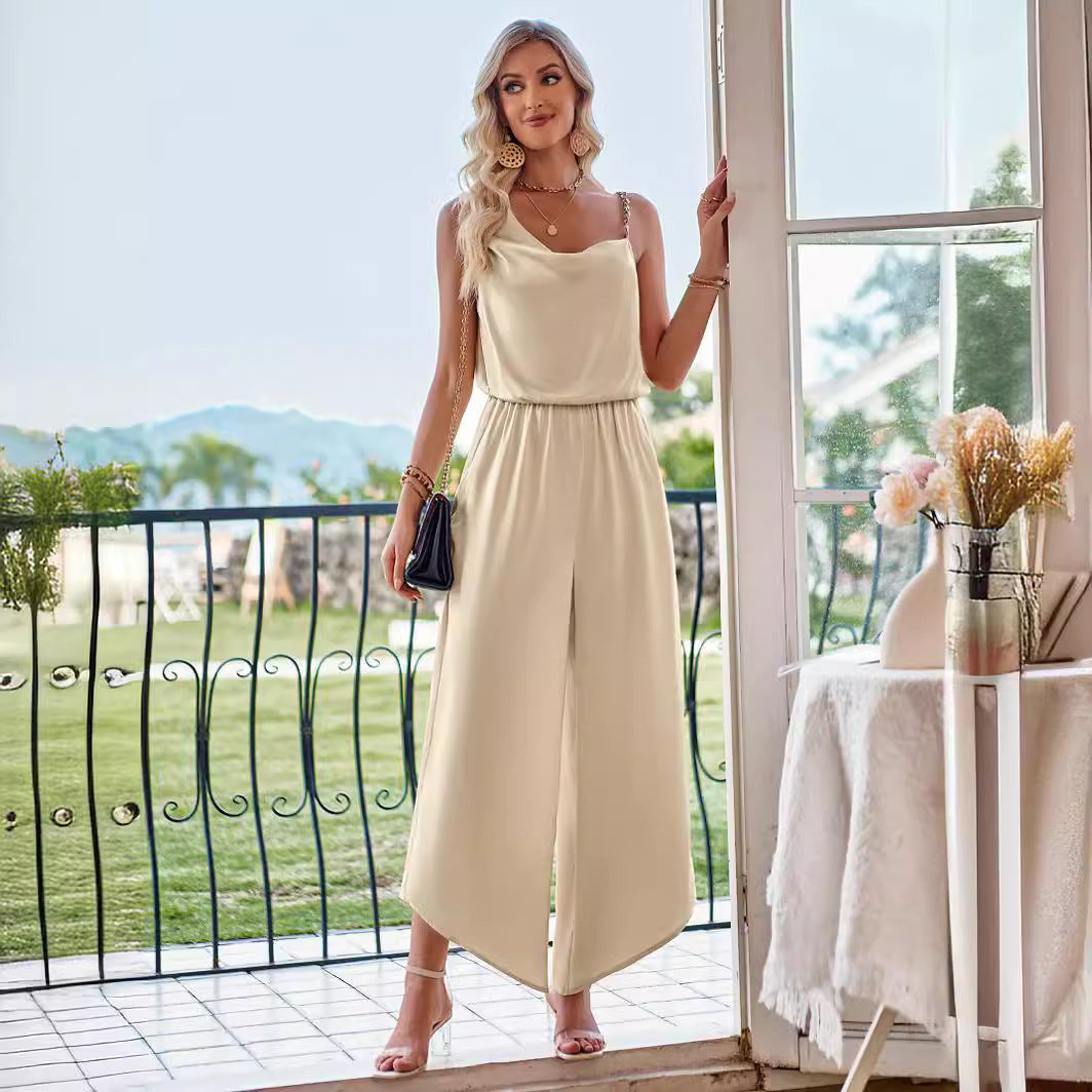 Women Fashion Casual Solid Color Suspender Waist Wide Leg Jumpsuit