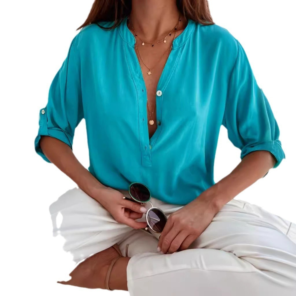 Women stand collar Loose Button Shirt Top