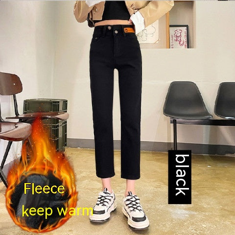 Women Stretch Fleece Ankle-tied Straight Jeans Women's Cropped Pants Small