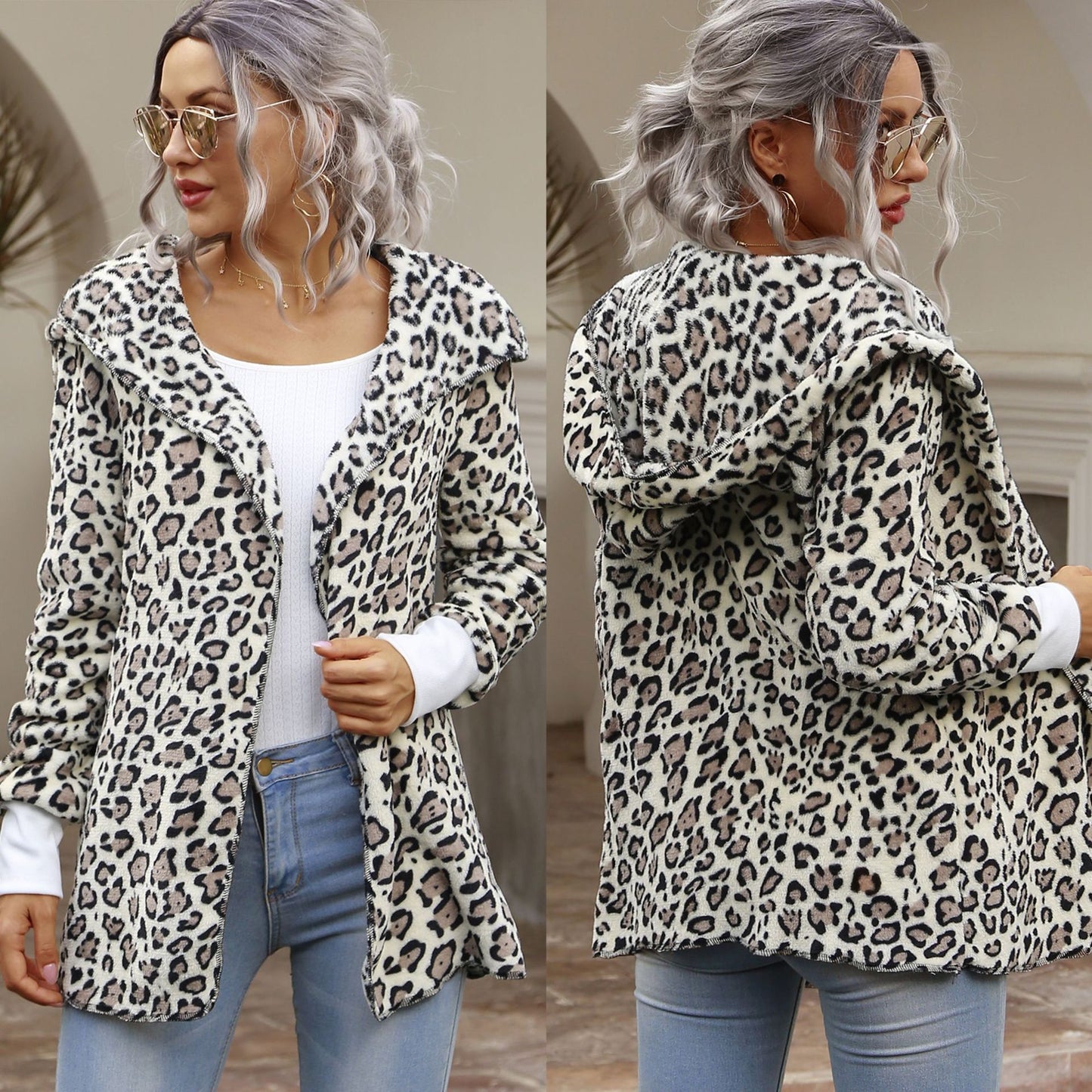 Women Warm Winter Wild Leopard Print Hooded Cardigan Jacket