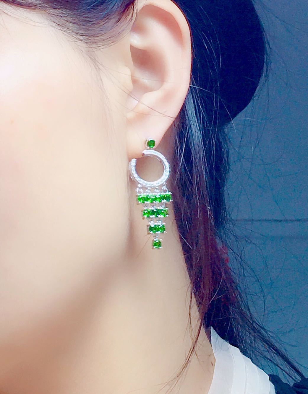 Women's Natural Russian Diopside Earrings Crystal Transparent Full Body S925 Silver