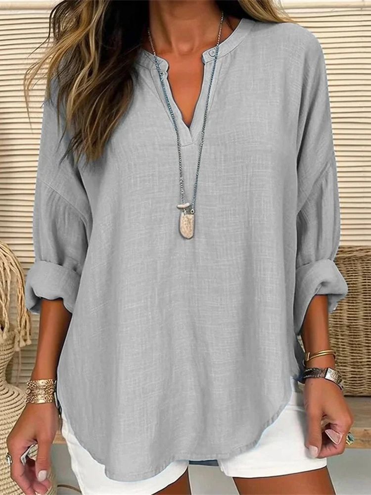 Women Cotton And Linen Loose Casual Stand Collar Shirt