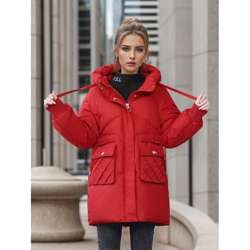 Women's Winter Warm Hooded Coat With Pockets Fashion Solid Color Thicken Straight Cotton Jacket