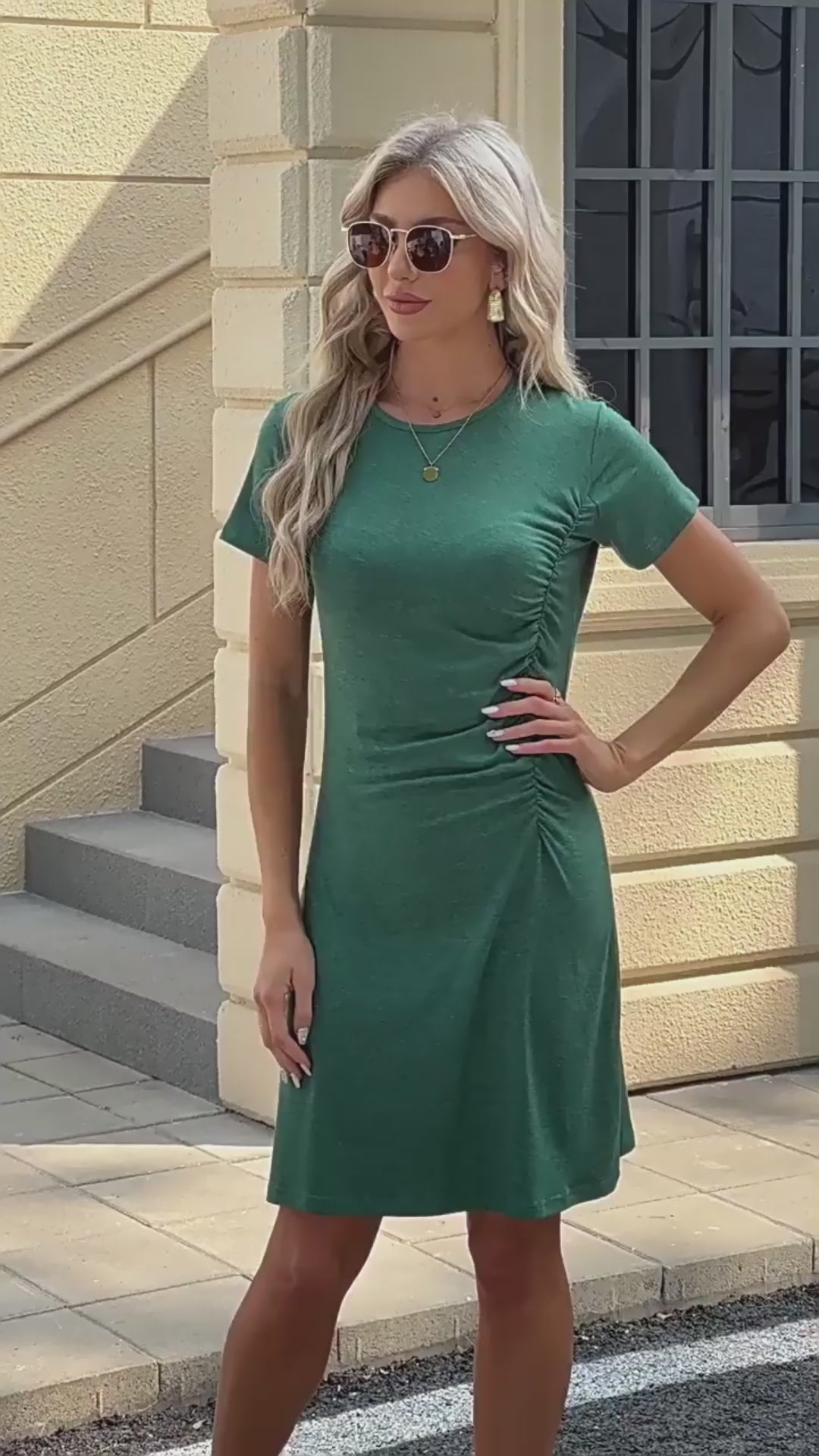 Load video: Women summer dress short sleeve casual solid color tight slim dresse